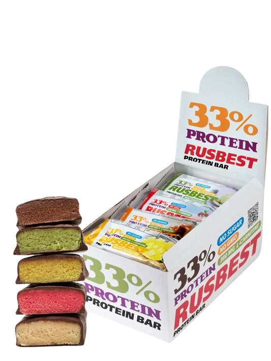 Proteinbars med olika smaker i förpackning, 33% protein, sockerfri, RUSBEST.