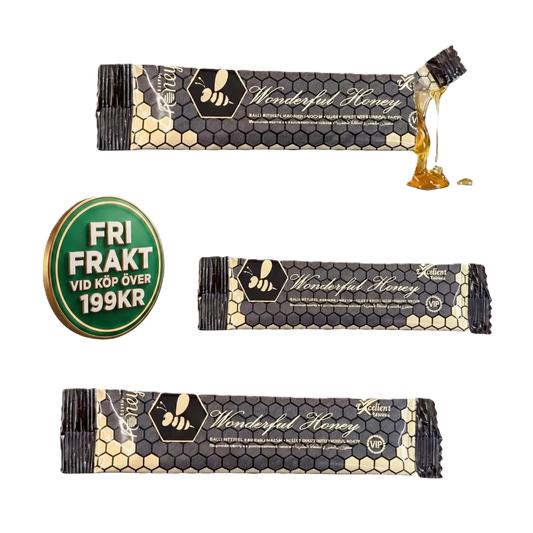 Enskild portionspåse med honung, svart förpackning med bikakedesign, fri frakt-märke.