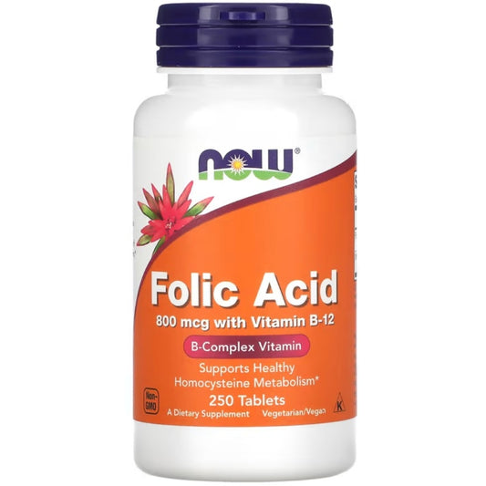 NOW FOODS Folsyre 800mcg x 250 tabletter + 25mcg B12