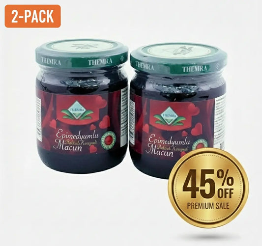 Två burkar Epimedyumlu Macun honungsextrakt 2-pack med 45% rabatt, vit bakgrund.