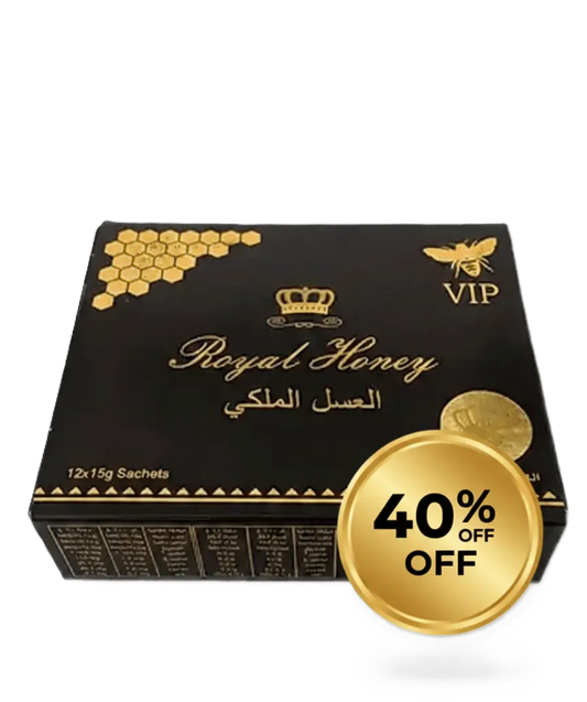 Royal Honey förpackning svart och guld med VIP-logo, 40% rabatt märke på framsidan