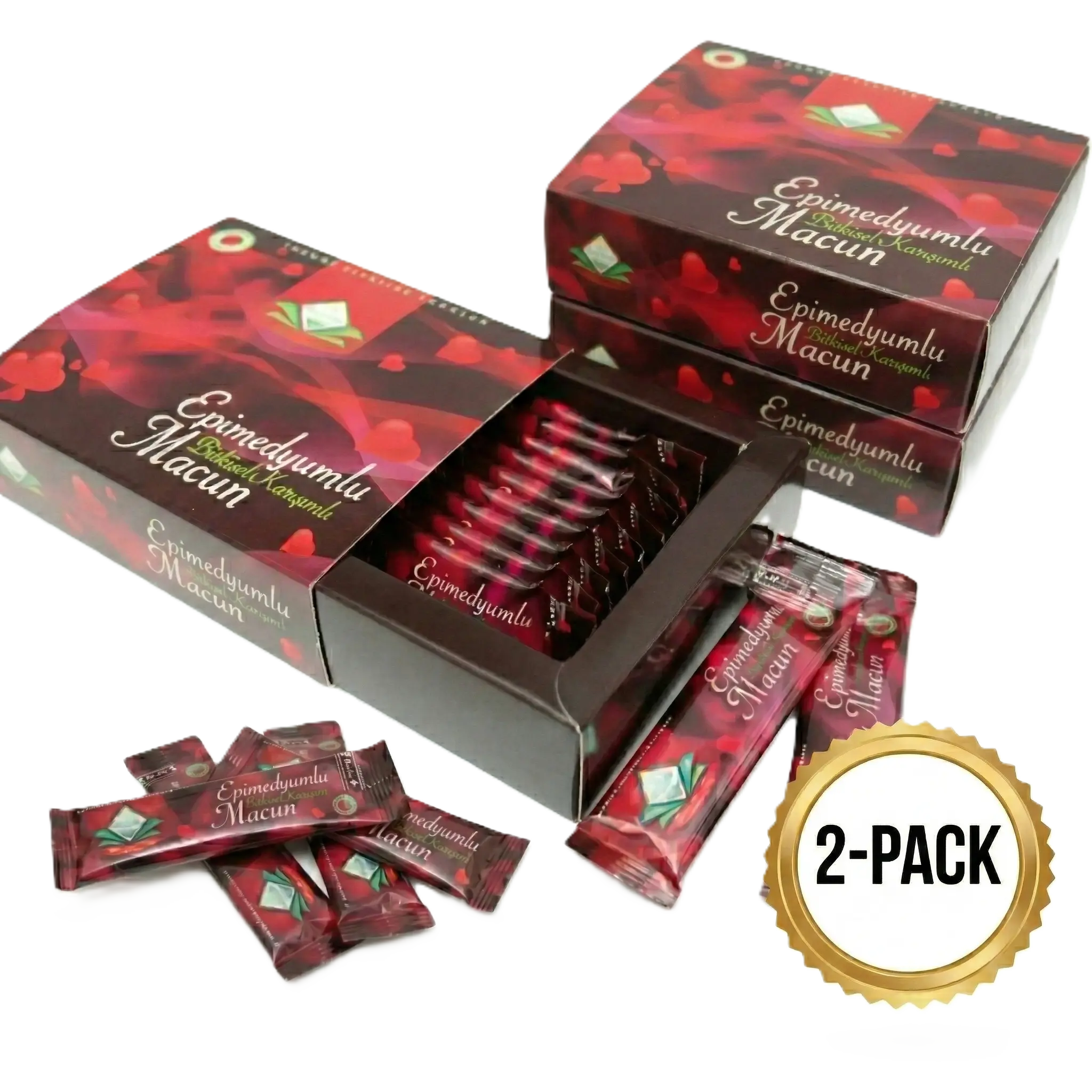 2-pack Epimedyumlu Macun ört med växtbaserade portionspåsar, röd förpackning.