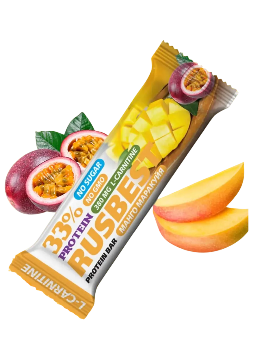 Proteinbar med smak av mango och passionsfrukt, 33% protein, L-karnitin, utan socker