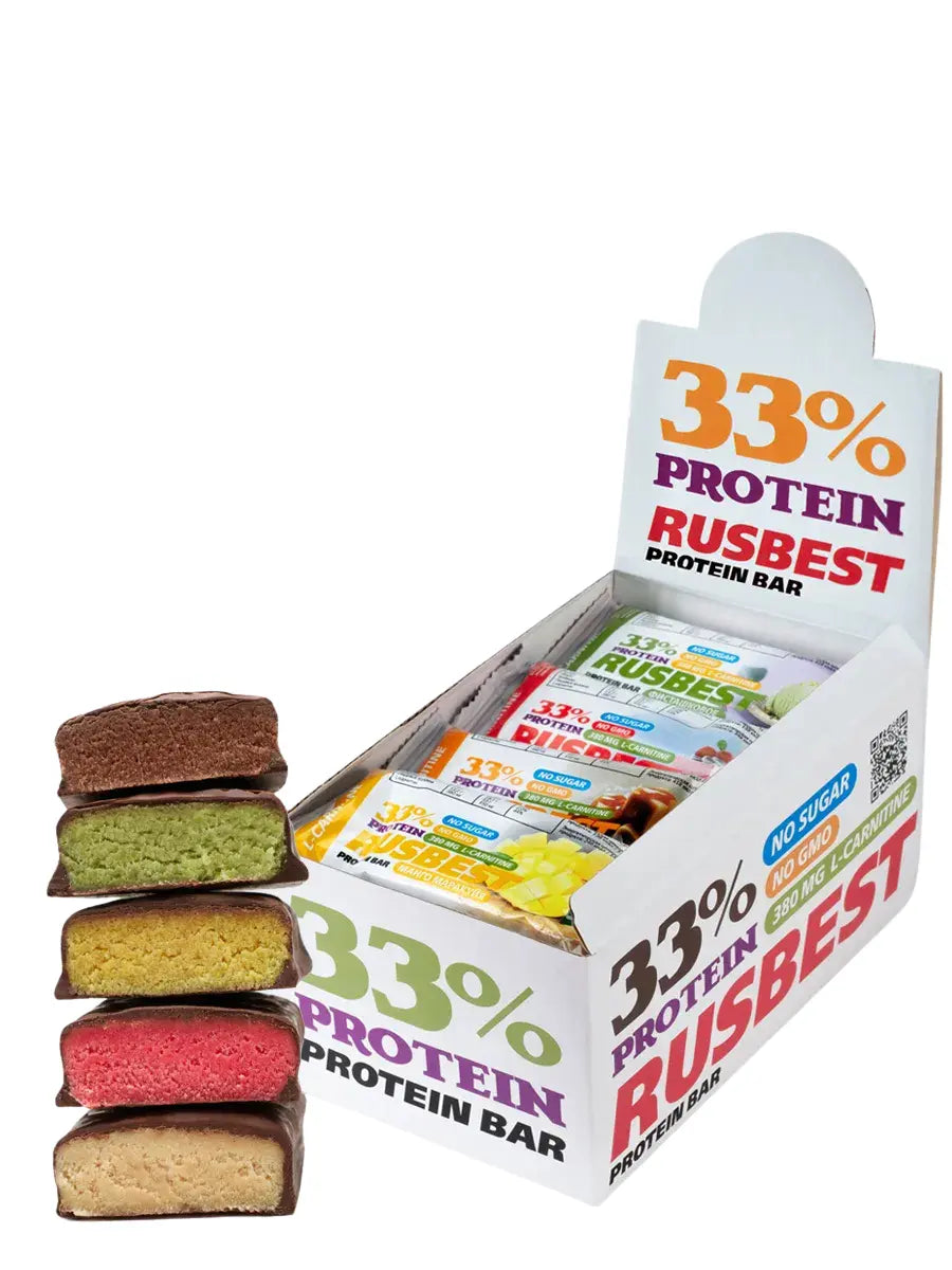 Proteinbars med olika smaker i förpackning, 33% protein, sockerfri, RUSBEST.