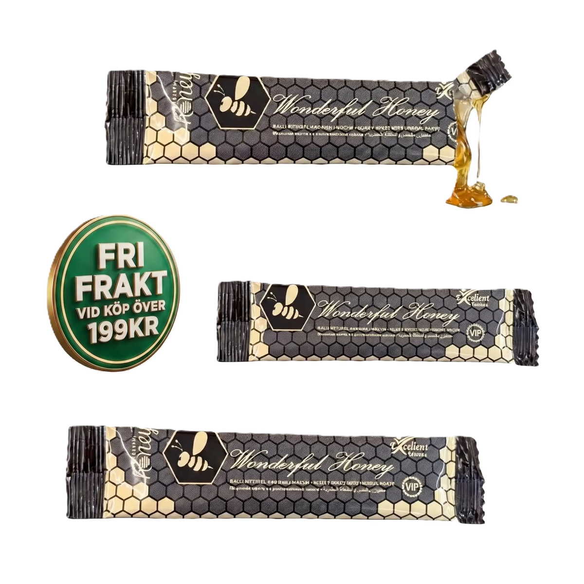 Enskild portionspåse med honung, svart förpackning med bikakedesign, fri frakt-märke.