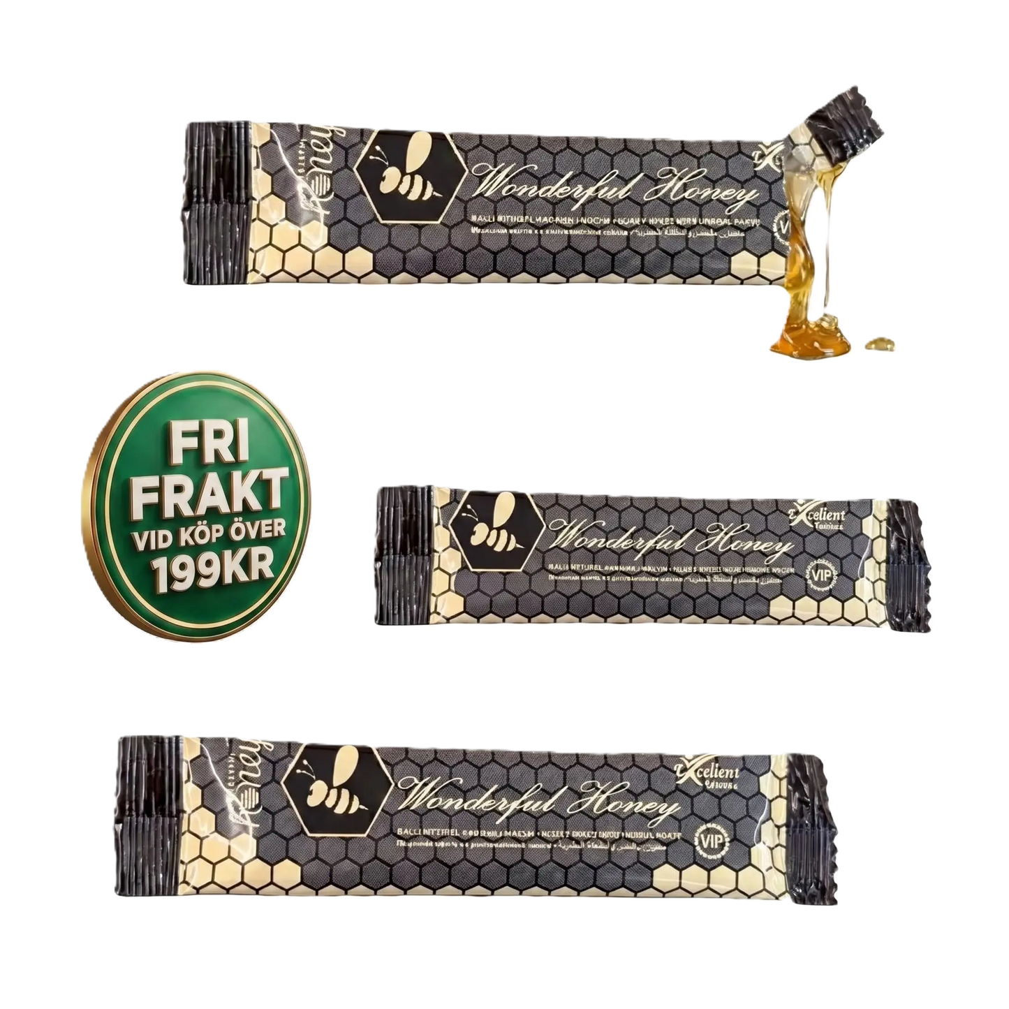 Enskild portionspåse med honung, svart förpackning med bikakedesign, fri frakt-märke.