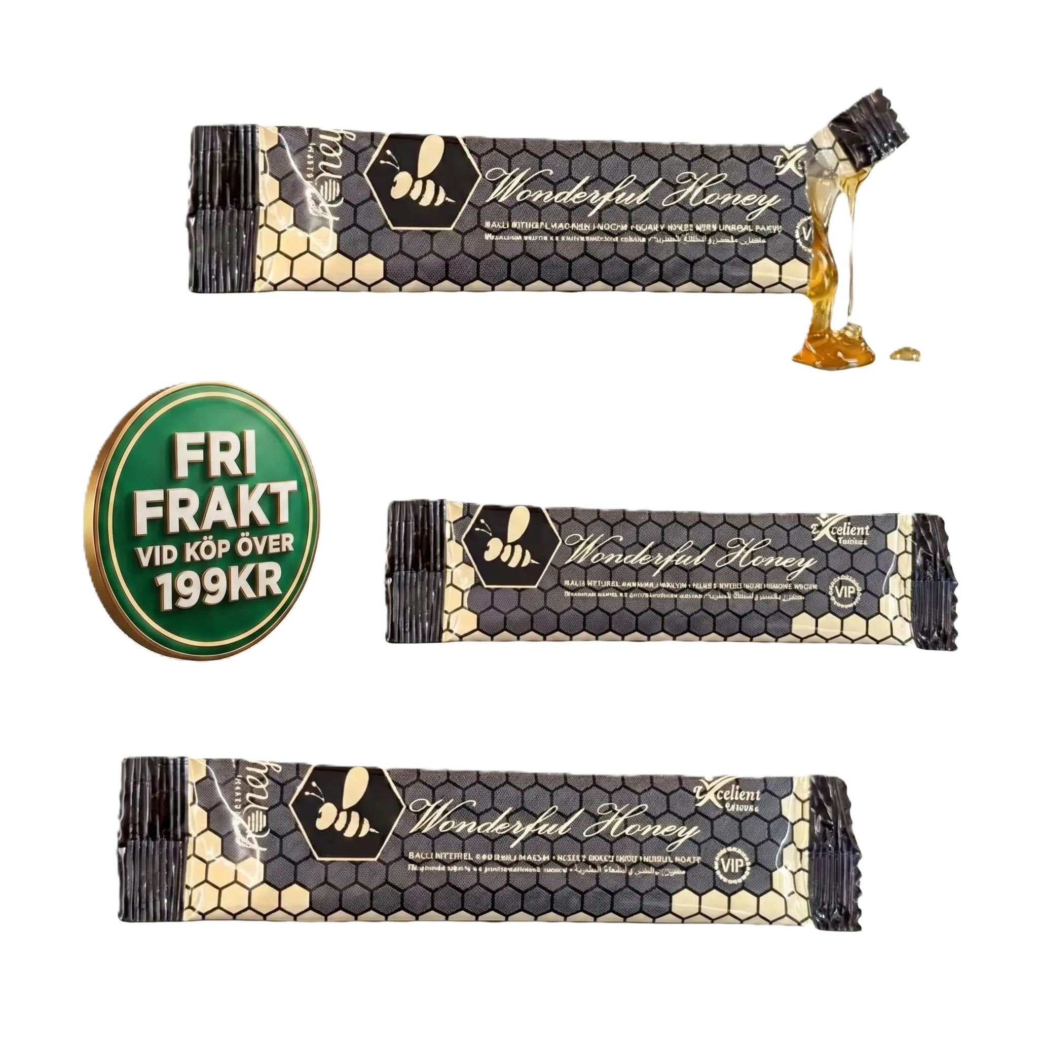 Enskild portionspåse med honung, svart förpackning med bikakedesign, fri frakt-märke.