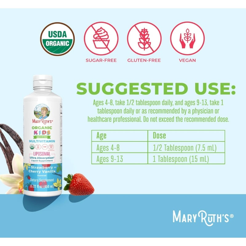 Mary Ruth´s Organic Kids Multivitamin Liposomal (Ages 4-13) 450ml Strawberry Cherry Vanilla
