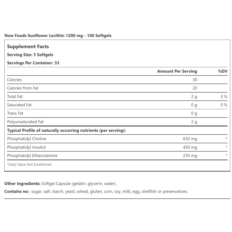 NOW FOODS Sunflower Lecithin 1200mg - 100 softgels