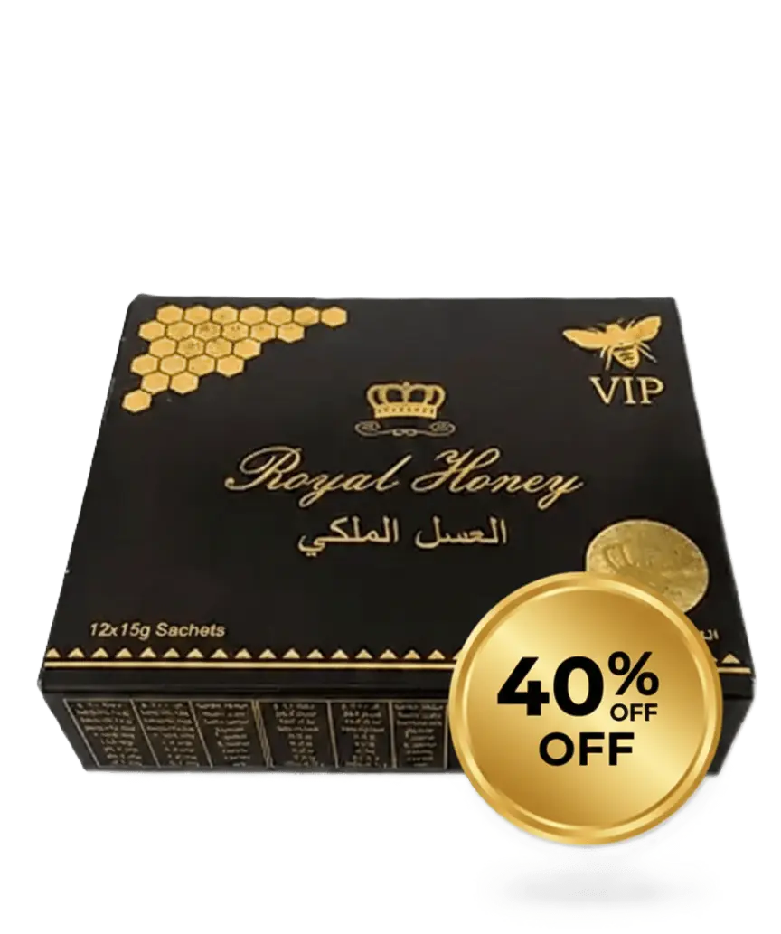 Royal Honey förpackning svart och guld med VIP-logo, 40% rabatt märke på framsidan